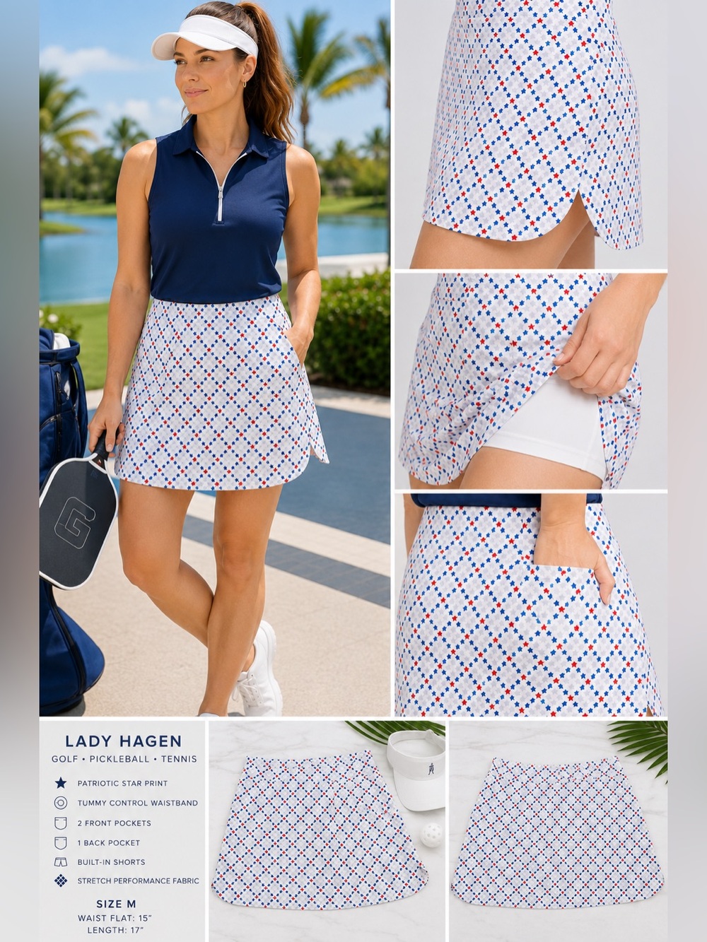 Lady Hagen White Skort with Navy and Red Star Pattern size meduim